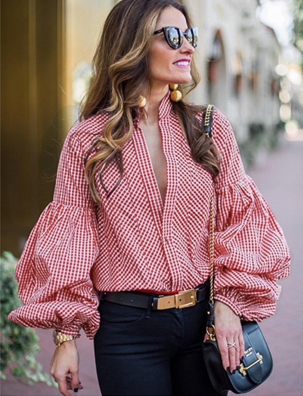 New red plaid deep V neck long puff sleeves women blouse top shirt plus size