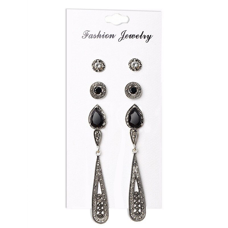 9 Design Vintage Water Drop Crystal Earrings Set For Woman Black Stone Silver Co