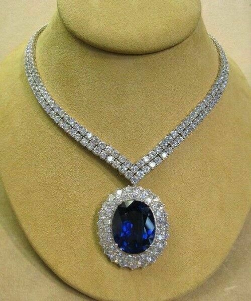 28 Ct Oval Cut Blue Sapphire & Diamond Halo Tennis Necklaces 14K White ...