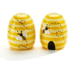 Beehive Salt Pepper Shaker Set 3" high Yellow Black Buzzing Bee Glazed Ceramic