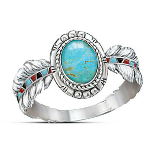 Fashion 925 Silver Rings Turquoise Hoop Rings for Wedding Jewelry Size 6-10
