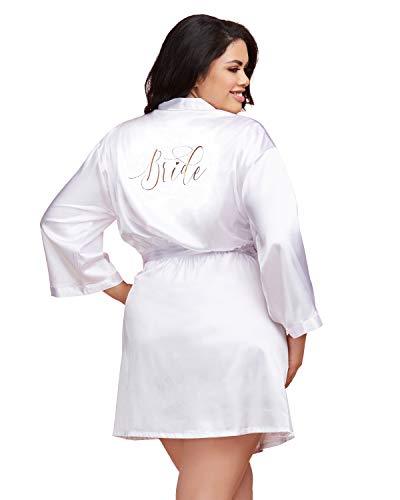 Dreamgirl Women's Plus Size Satin Charmeuse Bride Robe with Front Tie Belt, Whit