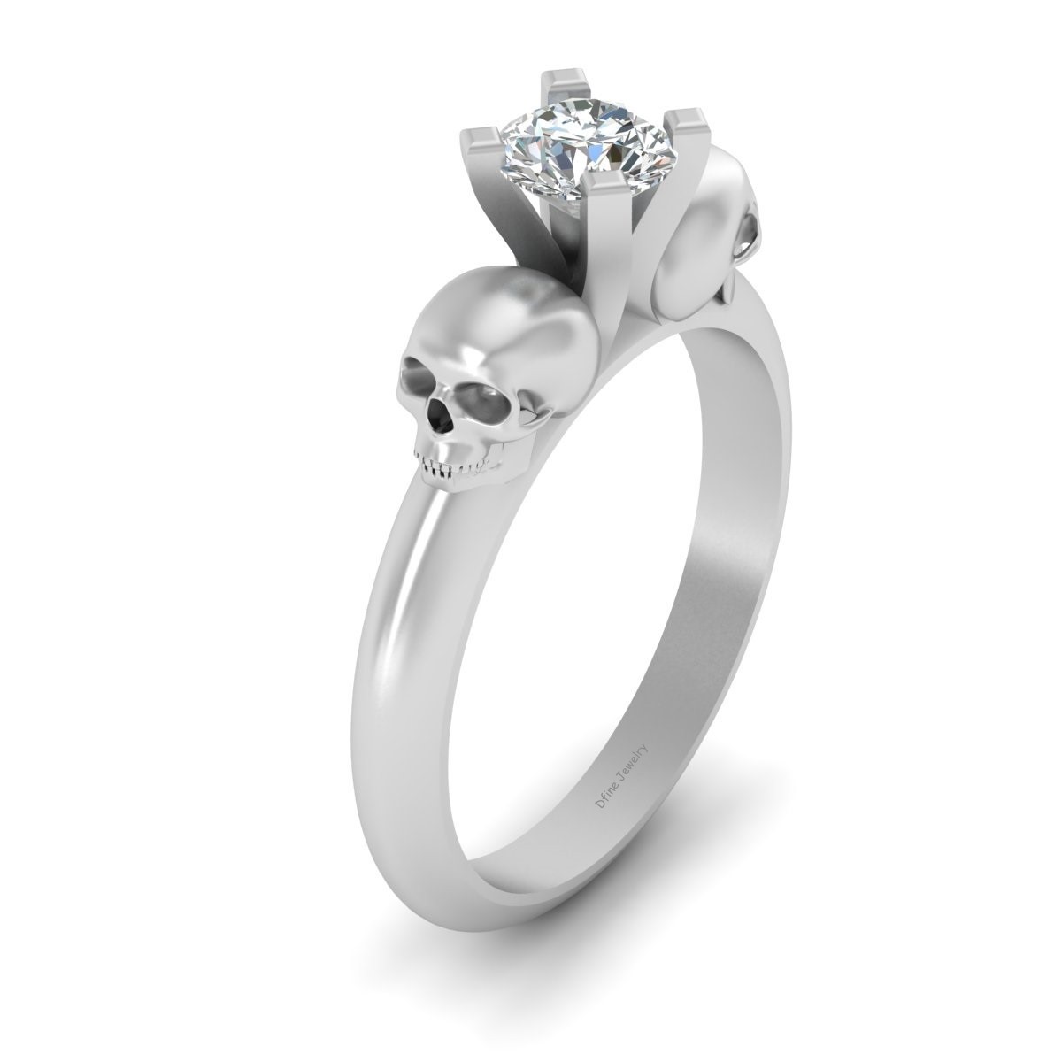 Solitaire Diamond Spooky Skull Engagement Ring Sterling Silver Skull Ring Womens