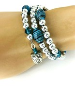 Turquoise Crystal Agate Bead Silver Memory Wire Bracelet Face Mask Charms - $17.81