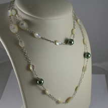 .925 RHODIUM SILVER NECKLACE, FACETED MOTHER-OF-PEARL, GREEN REBUILT PEARLS. image 1