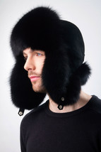Fox Fur Hat With Suede Jet Black Trapper Hat Aviator Saga Furs Ushanka Fur Hat