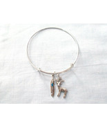 2 SIDED BUCK / DEER &amp; FEATHER BLUE DOT CHARMS SILVER ADJUSTABLE BANGLE B... - $6.49