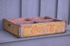 Coca Cola Coke Wooden Yellow Soda Pop Bottle Crate Carrier 4 Slot Box Vi... - $59.39