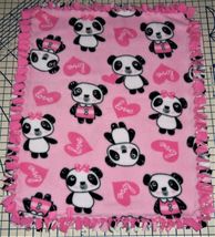 Panda Bears Fleece Blanket Baby Pet Lap Security Hand Tied Pink 30" x 24"  - $42.95