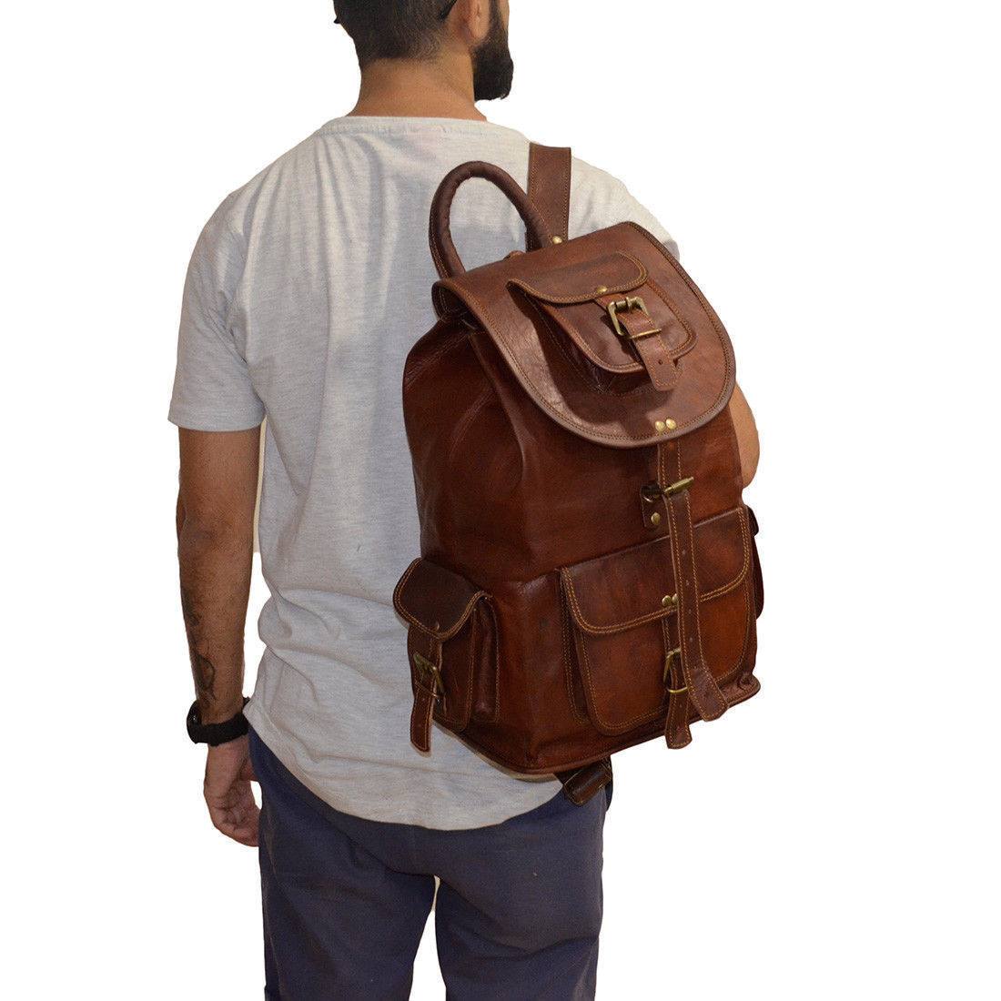 Real leather large backpack rucksack briefcase travel bag handmade BIG OVERNIGHT