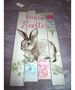 NEW Happy Easter BUNNY SIGN RABBIT Pink Blue Flowers19&quot; X 9 1/2&quot; Faux WOOD - $12.82