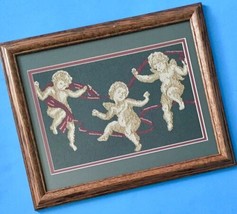 Vintage Kitschy Cherub Angel Tapestry Art In Wood Frame Festive Holiday ... - £28.54 GBP