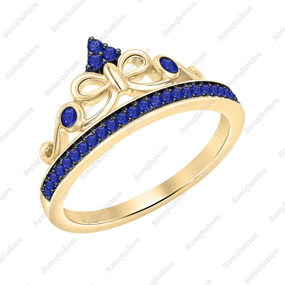 14k Yellow Gp 925 Sterling Silver Blue Sapphire Disney Princess Crown Ring