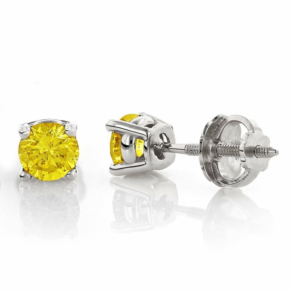 1.75CT Round Canary Yellow Solid 14K White Gold Stud ScrewBack Earrings