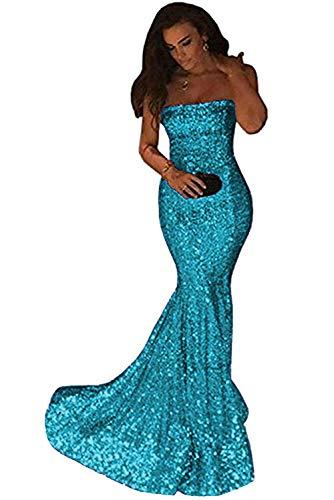 Sequins Mermaid Long Strapless Formal Evening Gowns Prom Dresses Aqua Blue US 14