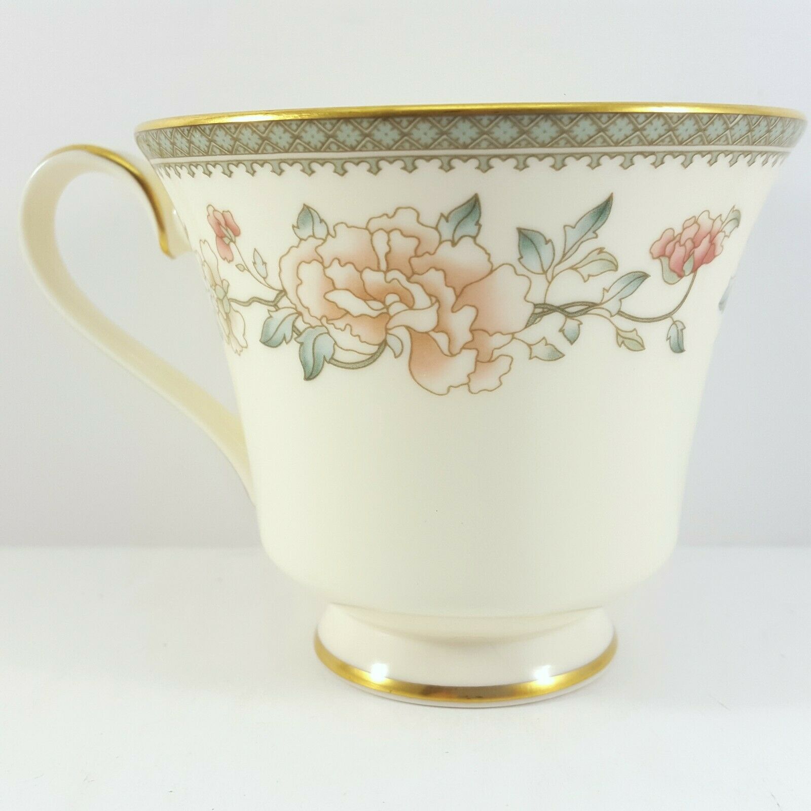Minton Jasmine Footed Cup and Saucer 6 oz Ivory Bone China Pink Floral