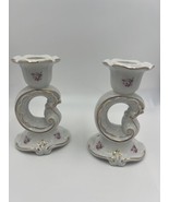 WEIMAR Porcelain Candle Holder Floral Gold Trim Germany Vintage Set - $84.15