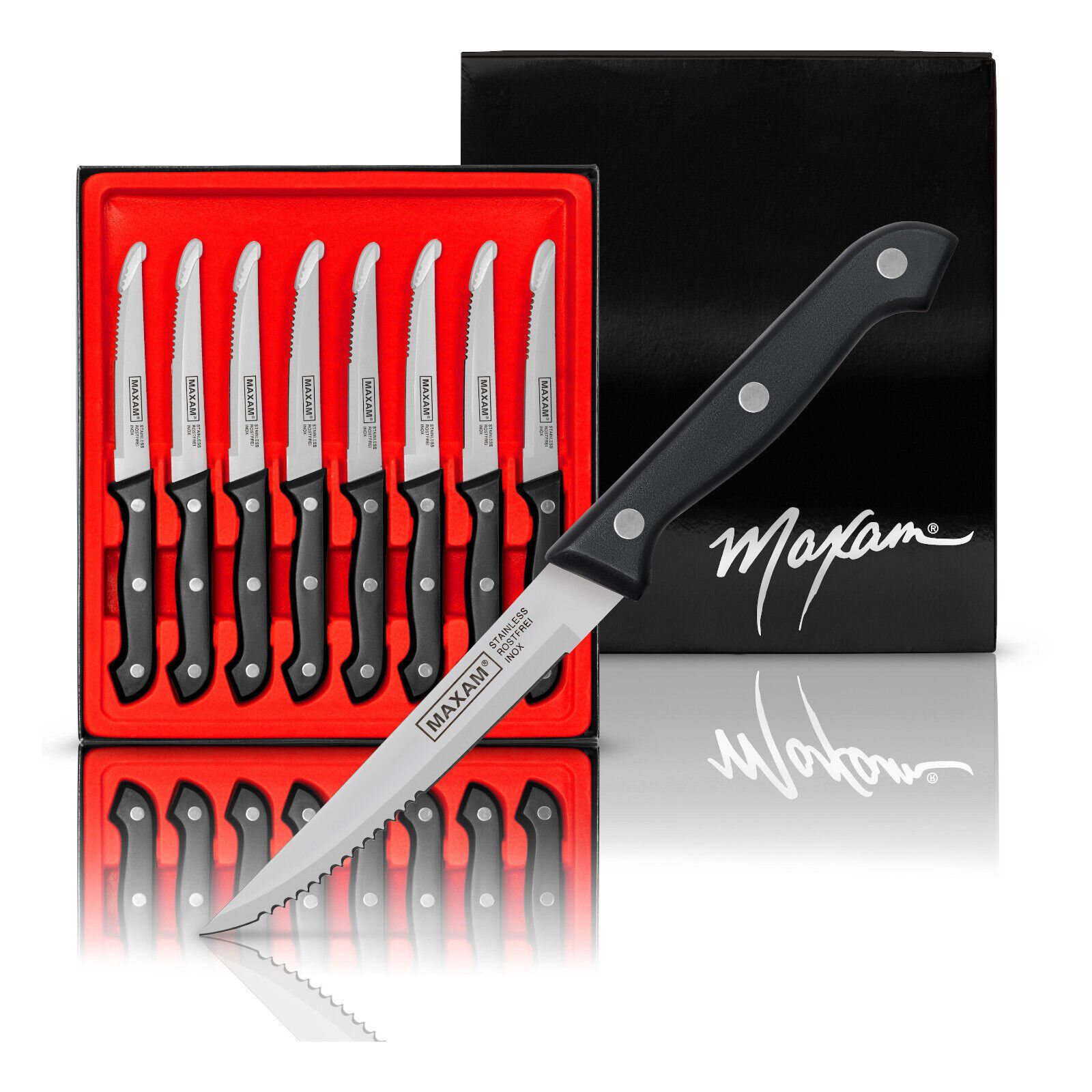 Maxam 8-Piece Steak Knife Set - 8 7/8 Inch Stainless Steel Serrated Blade, Sharp