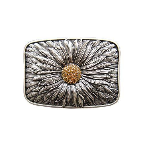 New Original Antique Silver Plated Rhinestones Blooming Daisy Bling Belt Buckle