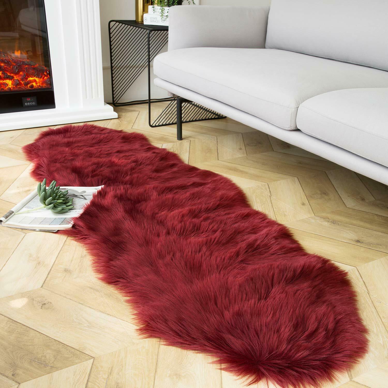 Nice! Fluffy Rug Faux Fur Luxury Shag Sheepskin 2 x 6 feet Red Rug