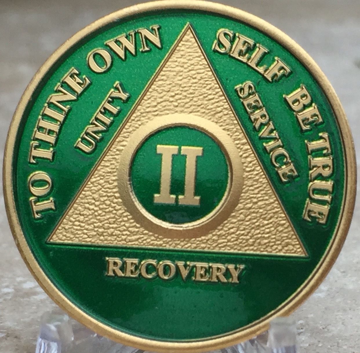 2 Year AA Medallion Green Gold Plated Alcoholics Anonymous Sobriety Chip Coin II
