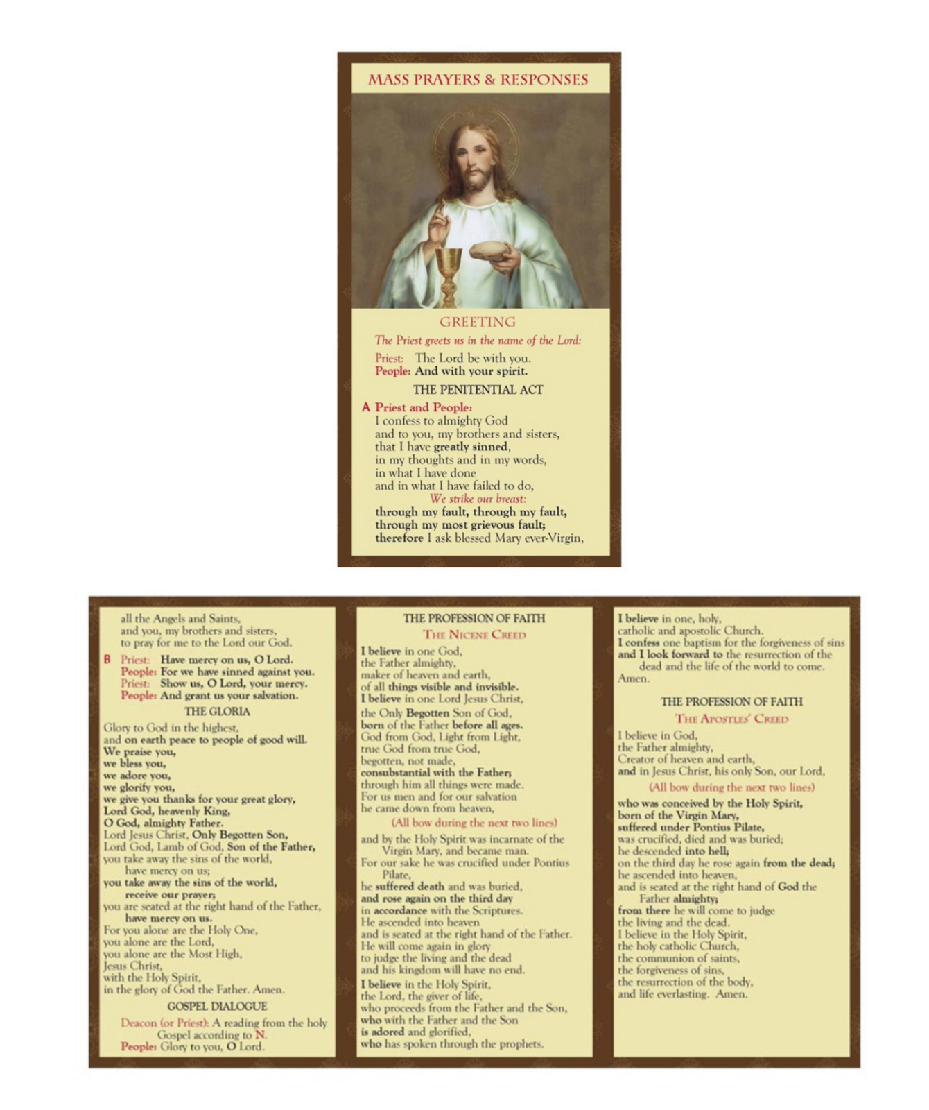 Laminated Trifold Catholic Mass Responses and Prayers Pamphlet