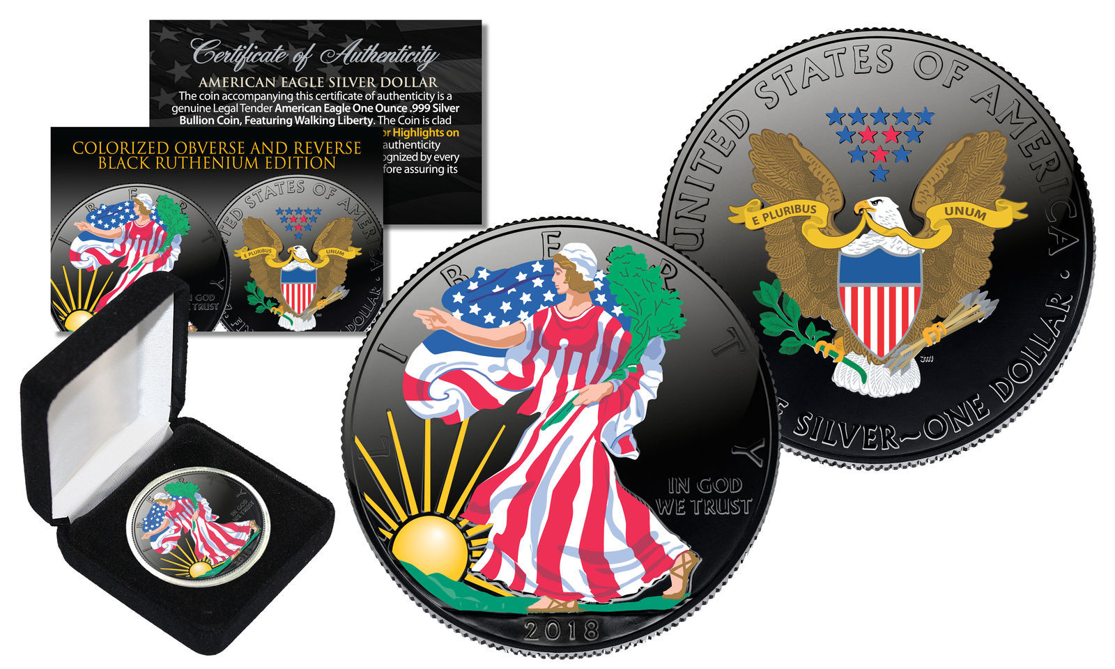 BLACK RUTHENIUM & COLORIZED 2-Sided 1 Troy Oz .999 2021 Silver Eagle Coin w/Box - $74.76