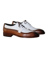 Handmade Men&#39;s Brown &amp; White Leather Toe Brogues Style Lace Up Oxford Shoes - $149.99