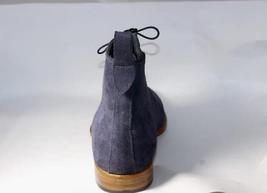 Handmade Men's Blue Suede Two Tone High Ankle Lace Up Boots image 5