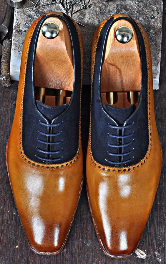 Handmade men two tone shoes, men tan and navy blue shoes, dress shoes ...