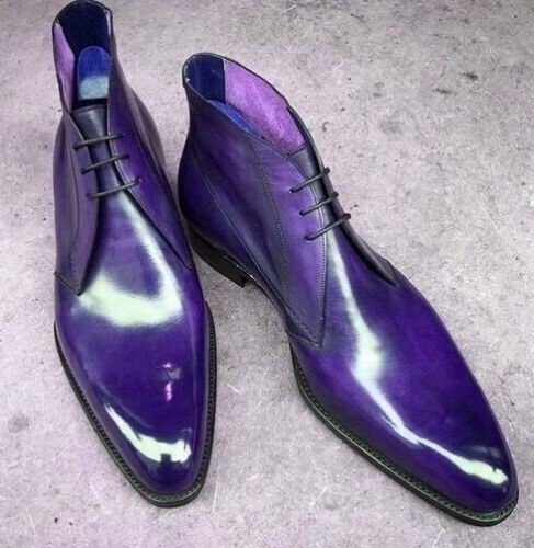 Ankle Derby Boot Purple Patina Pointed Toe Lace Up Closer Men Leather Shoe