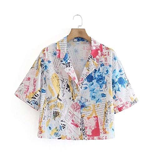 Patchwork Newspaper Print Casual Smock Shirt Female Short Sleeve Blouses Chic Be