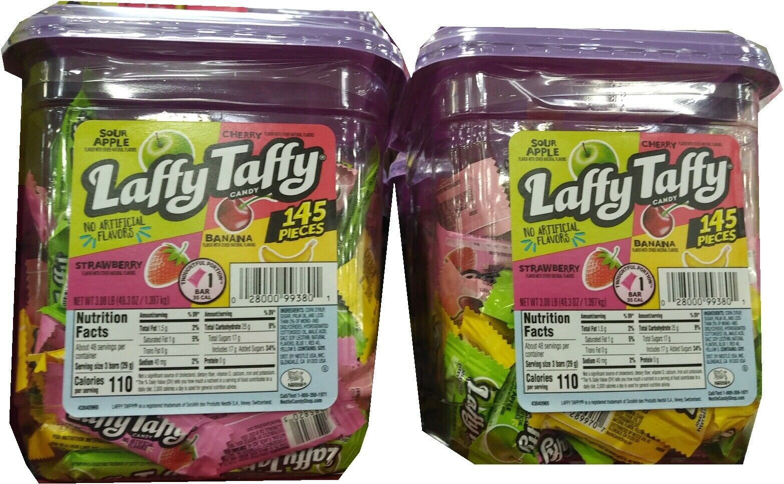 Lot of 2 Laffy Taffy Candy 145 Count Tubs 290 pieces total Stretchy and ...