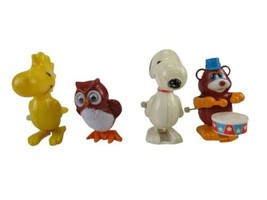 Vintage Set (4) Wind Up Toy Lot Snoopy Woodstock Bear Drummer Owl Tomy Peanuts image 1