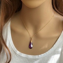  14K Solid Gold Purple Teardrop Pendant / Charm Dainty Adjust Necklace 1... - $153.45+