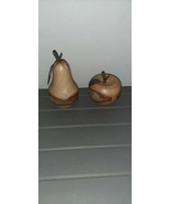 Vintage Wooden Apple and Pear Metal Stem Burl Wood fruit  - $35.00
