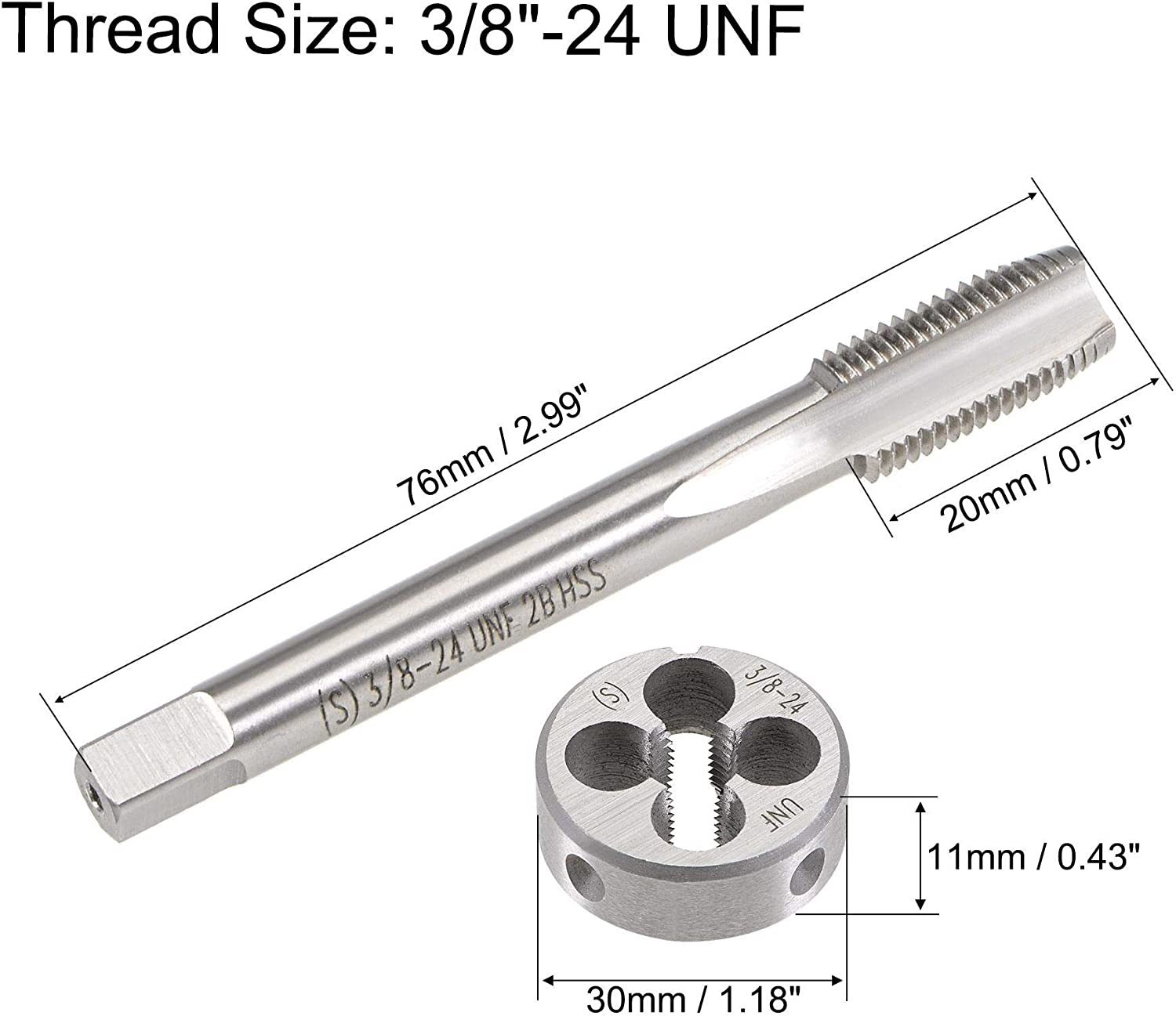 Uxcell 3/8"24 Unf Tap And Die Set, Right Hand, Round Threading Die
