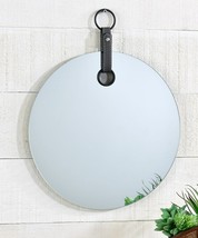  Round Borderless Mirror With Faux Leather Strap & Round Metal Hanger 14.2" D