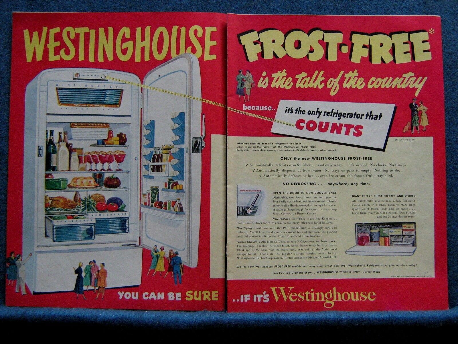 1951 Westinghouse Refrigerator 2 Pg Ad PrintHuge Fridge Shown