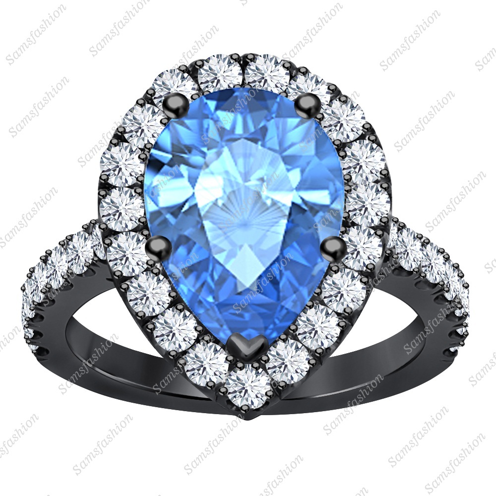 Pear Blue Topaz & Diamond 14k Black Gold Over 925 Silver Anniversary Halo Ring