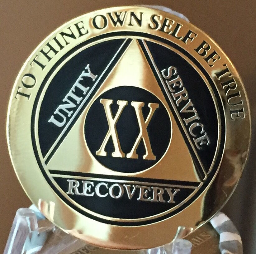 20 Year AA Medallion Black Gold Plated Bi-Plate Alcoholics Anonymous Chip Coin