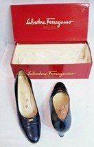 Salvatore Ferragamo Black embossed bow + gold tone LOGO tag classic shoe... - $127.71