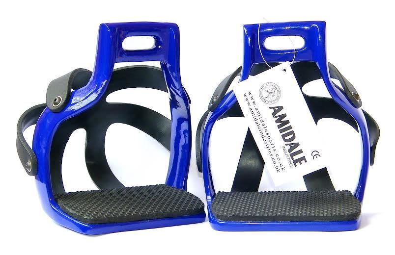 AMIDALE ALUMINIUM ENDURANCE FLEX RIDE CAGED SAFETY HORSE STIRRUPS NAVY