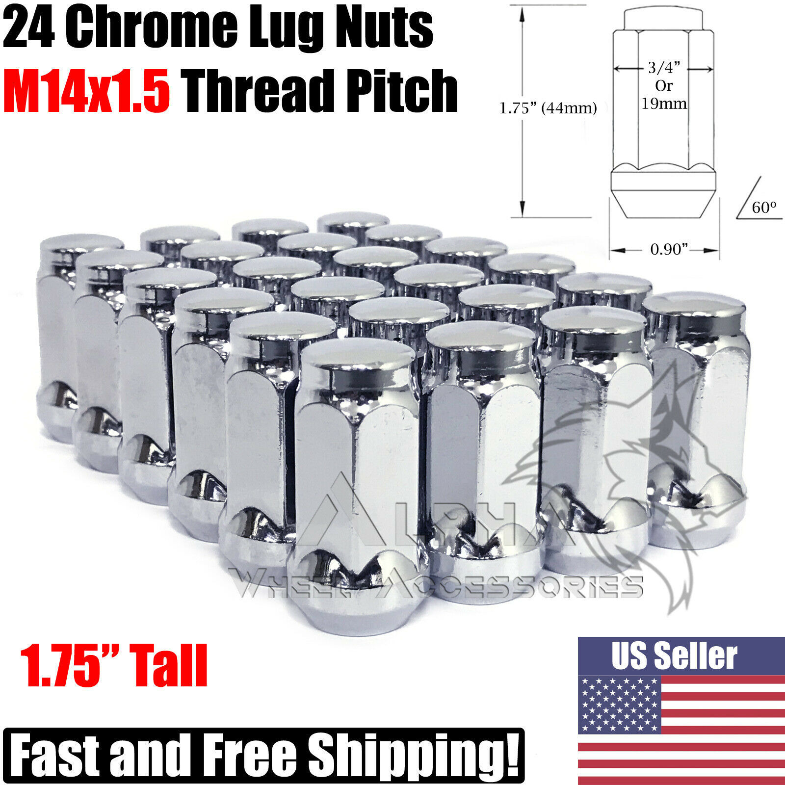 24 Chrome 14x1.5 Bulge Acorn Lug Nuts 1.75" For 2022 & Newer Toyota