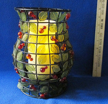 Pillar Candle Holder w/ Flameless Candle Green Leaf &amp; Red Berry Wire Fra... - $16.92