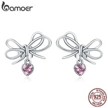 bamoer 925 Silver Jewelry Gift with Bow CZ Light Stud Earrings for Women... - $21.88