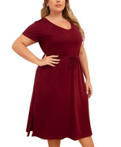 Women's Plus Size Casual V Neck Short Sleeve A-line Slit Midi Burgundy Dress 2XL image 1