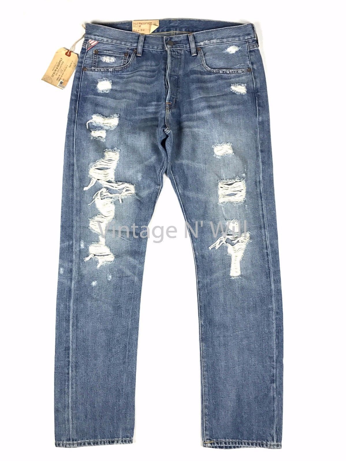 Image of Denim Supply Ralph Lauren Lightweight Prospect Blue Hand Distressed Slim Jeans