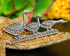 Vintage Trio Ducks In A Row Sterling Silver Marcasite Brooch Pin Geese - $27.95