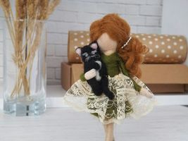 Doll with a kitten, Handmade doll, Little doll - $25.00